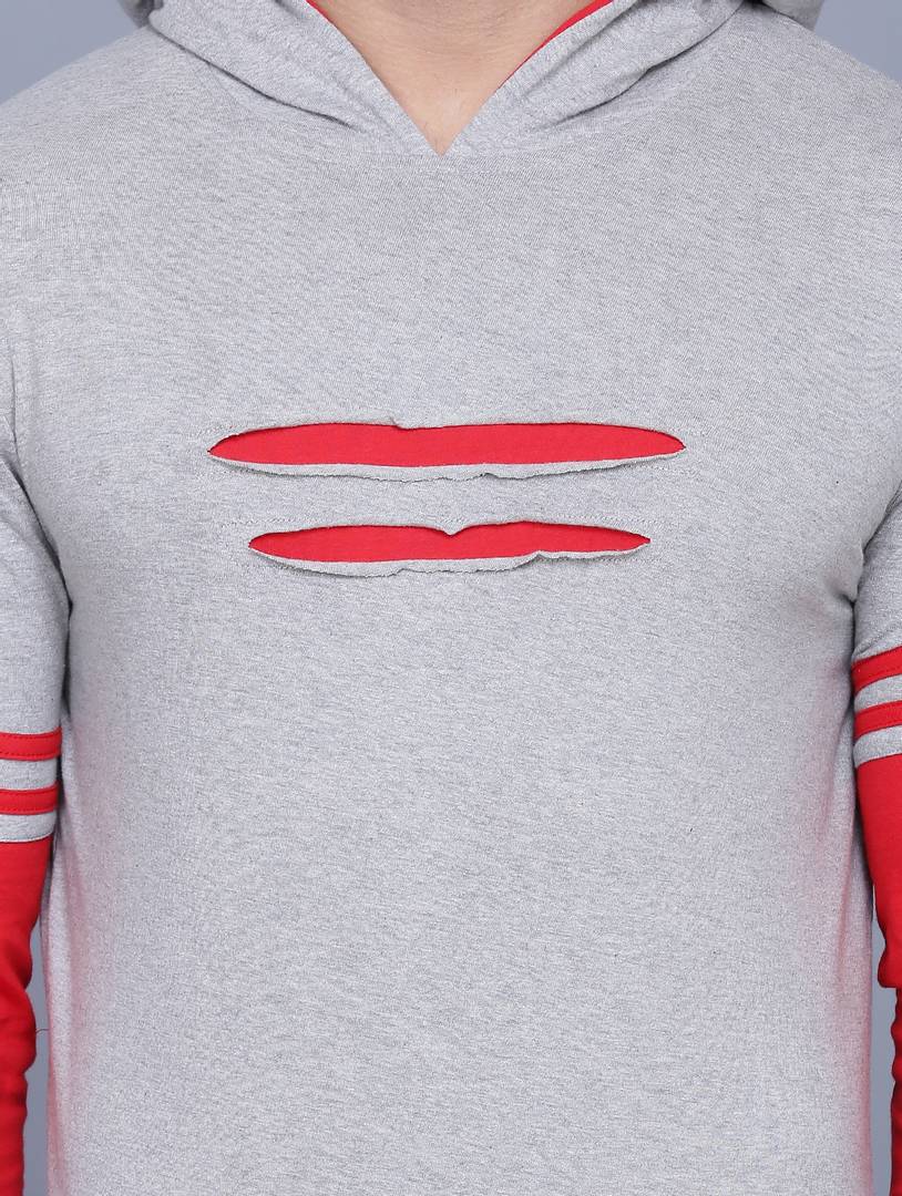 Men's Grey Self Pattern Cotton Hooded T Shirt